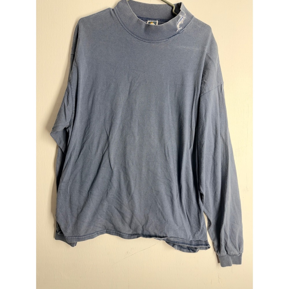 Vintage Cotton Deluxe Mock Neck Long Sleeve Shirt XL Blue Marlin Embroidered Tee